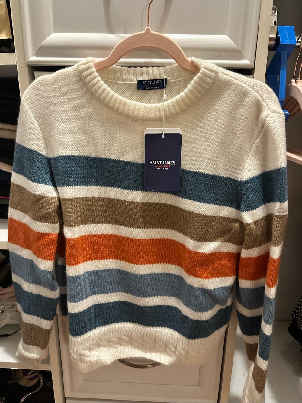 Saint James Cream Striped Crewneck Sweater